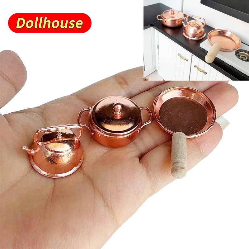 

3Pcs/Set Dollhouse Frying Pan Soup Pot Kettle Set Doll Home Kitchen Cookware Decoration Dolls House Living Scene Accessories