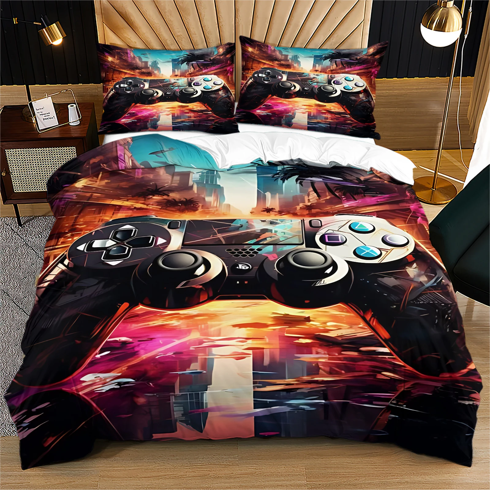 Game Controller Duvet Cover Set Neon City Gaming Bedding Set Palm Tree Sunset Video Game Super Soft Quilt Cover With Pillowcase