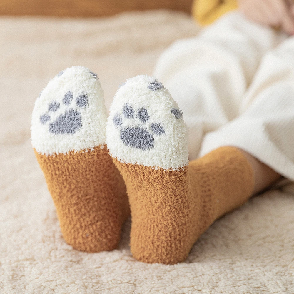 ﻿ 2Pairs Kits Paw Printed Socks Women Men Warm Fluffy Socks Cute Animal Footprints for Home Floor Long Socks 2 Colors view 3