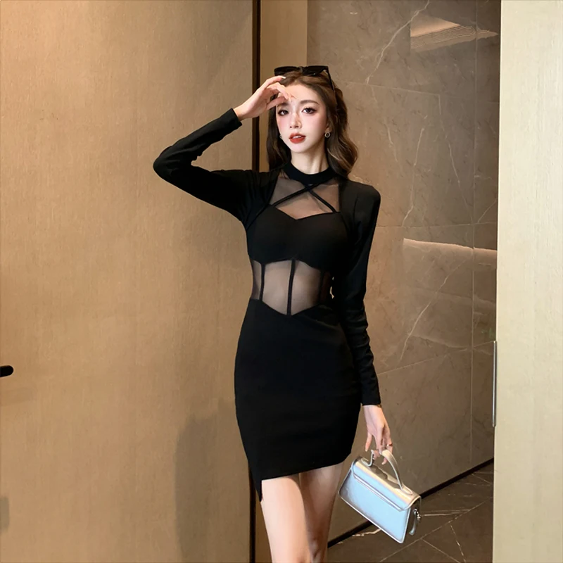 Women Black Sexy Gauze Patchwork Long Sleeved Dress Autumn Winter 2023 New Spice Girls Fashion Design Sense Bottoming Mini Dress