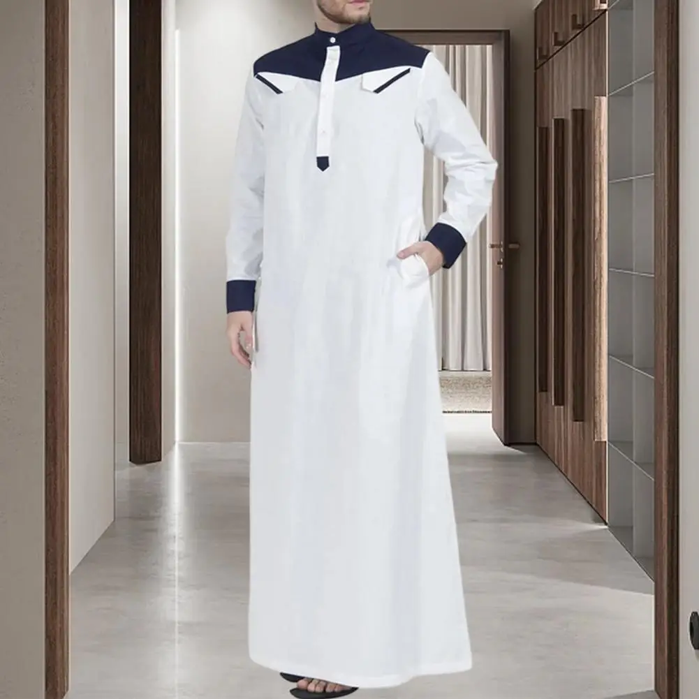 Robe traditionnelle à manches longues pour hommes, col mandarin, boutons de documents d'abonnés, demi-patte, poches adt Fit, Moyen-Orient