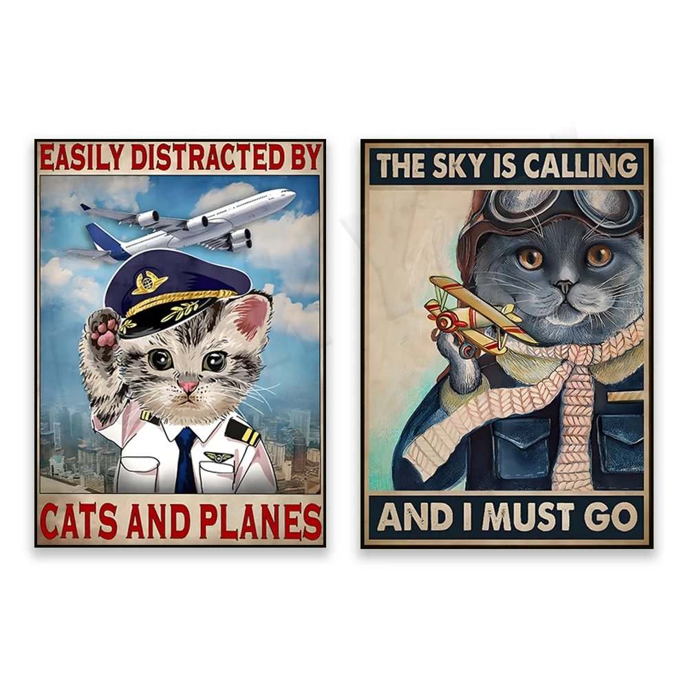 The sky is calling, I have to go poster, love cats and airplanes vintage poster, cat pilot poster, flight poster, cat lover gift