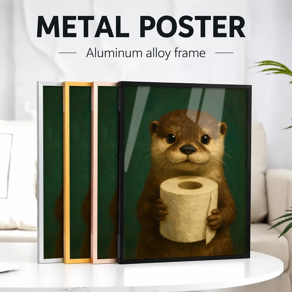 Cute Otter Holding Toilet Paper Framed Metal Print Customized Photo Quirky Graphic Style Wall Art For Powder Room Novelty Gift