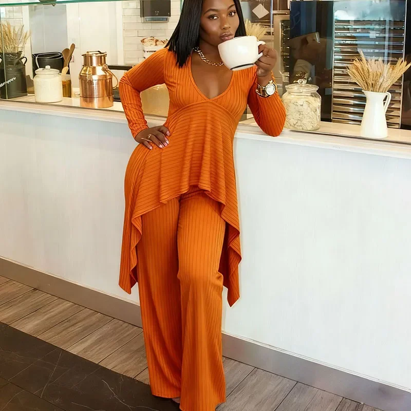 

Doyerl Knitted Ribbed Two Piece Set Women Loungewear V-neck Long Sleeve Irregular Top and Wide Leg Pants Matching Sets Outfits