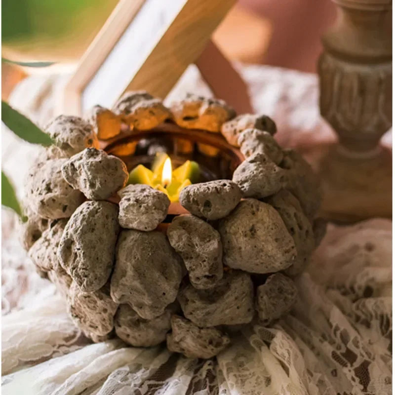 Wabi-Sabi Style Candle Holder, Unique Volcanic Stone Stand Ideal for Garden Patio Decor, Quaint Caf Window Lantern, Zen-Inspired