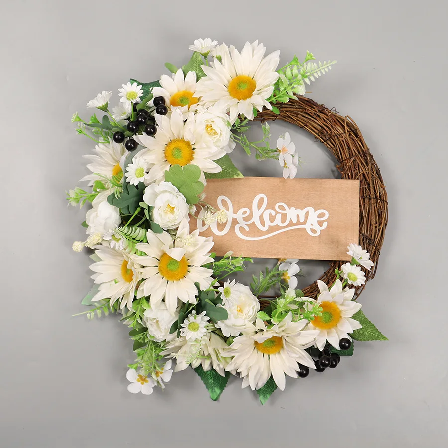 YeeNanee Spring Artificial Sunflower Wreath for Front Door Green Eucalyptus Wreaths with Welcome Sign Wall Window Outdoor Decor
