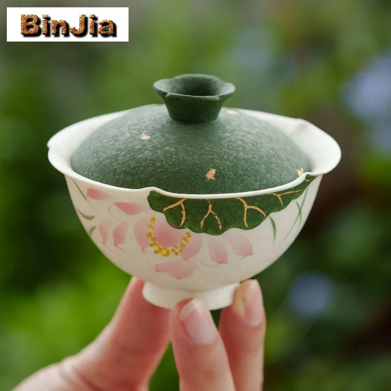

95ml Hand Painted Lotus Gaiwan Traditional Tea Tureen Tea Bowl With Lid Kit Tea Maker Cover Bowl Tea Items Supplies Collection