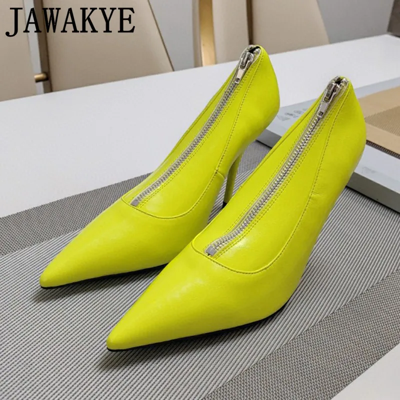 

Sexy Women's Pointed Toe Pumps High Heel Shoes Designer Brand Front Zipper Runway Luxury Shoes Genuine Leather Dress Party Shoes