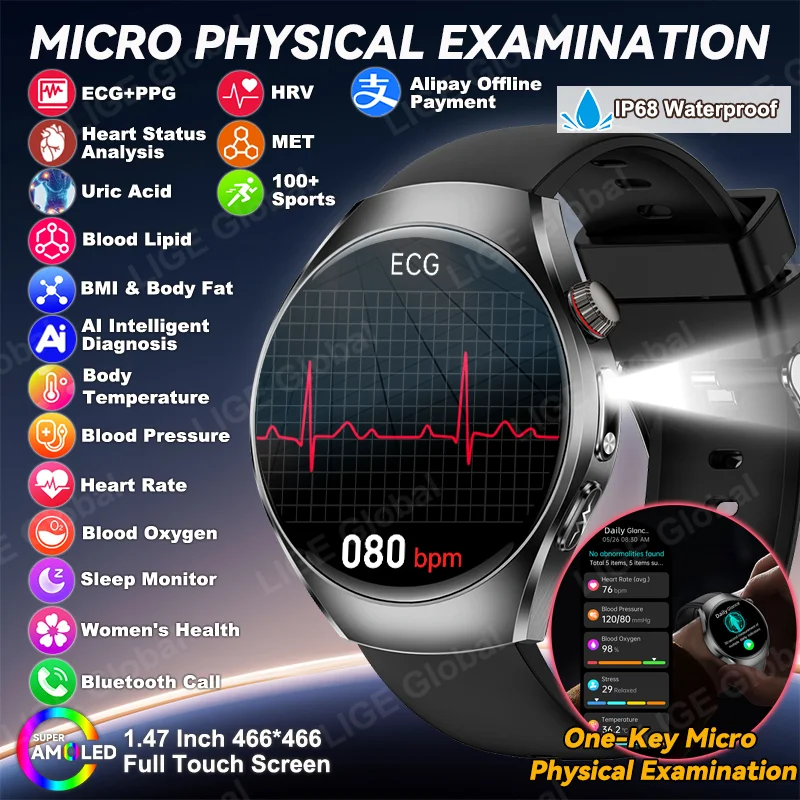 LIGE 2026 New Nursing Grade Health Smartwatch ECG+PPG Blood Lipid Uric Acid BMI Body Temperature Bluetooth Call Smart Bracelet