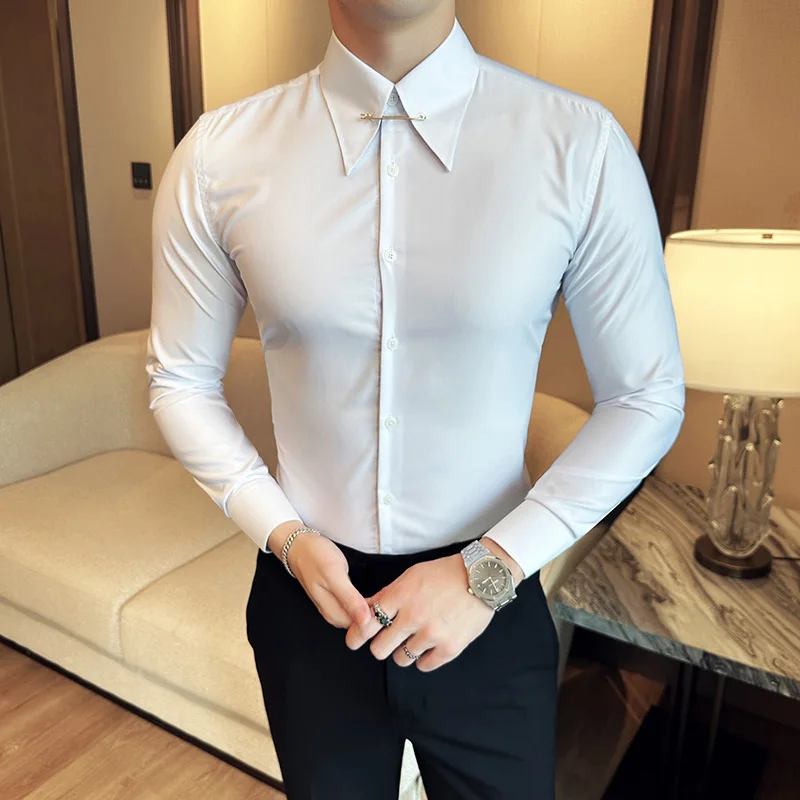 Brand Clothing Business Casual Shirts Men 2024 Spring Long Sleeve Pointed Collar Office Social Dress Shirts Banquet Party Blouse