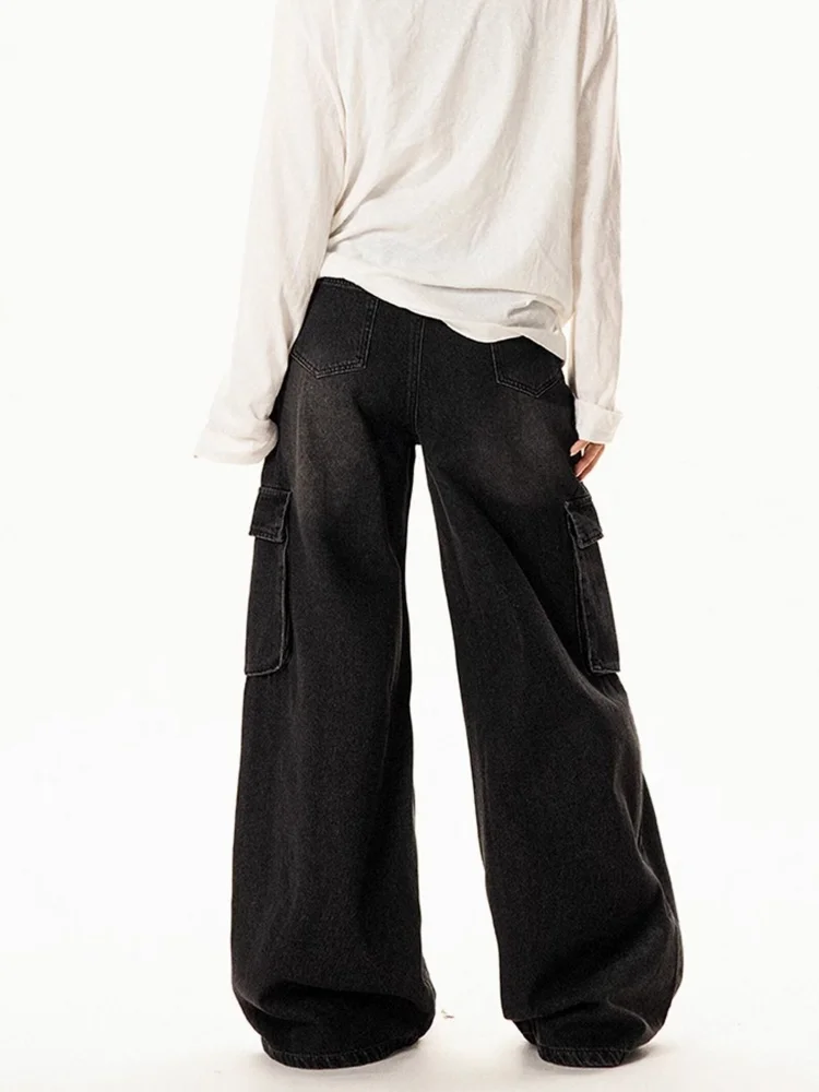 2025 Cyber Y2K Streetwear Leopard Patchwork Baggy Women's Cargo Jeans Pants For Woman Clothing Washed Black Cotton Long Trousers