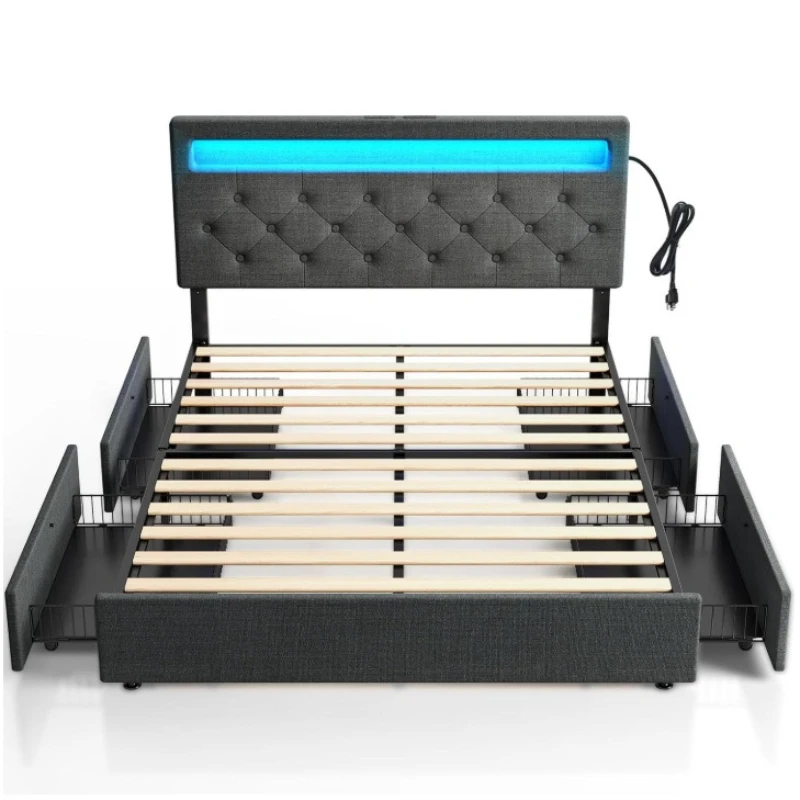 Upholstered head with LED lights, four side drawers for storage, adjustable