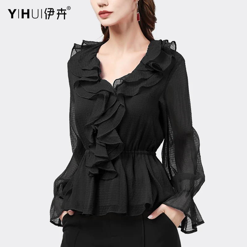 여성용 쉬폰 플레어 롱 슬리브 셔츠 러플 V넥 탑 레드 허리 조임 슬림핏 웨스턴 스타일 캐주얼 블라우스