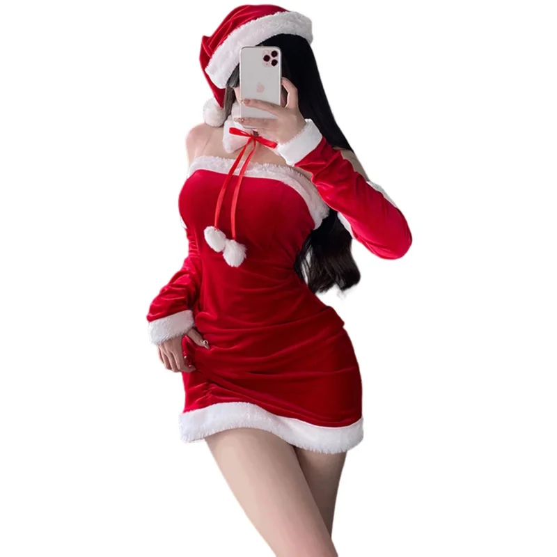 Womens flannel Christmas party Santa Claus Xmas fancy dress clubwear faux fur trim bodycon dress with hat suit New Year costumes