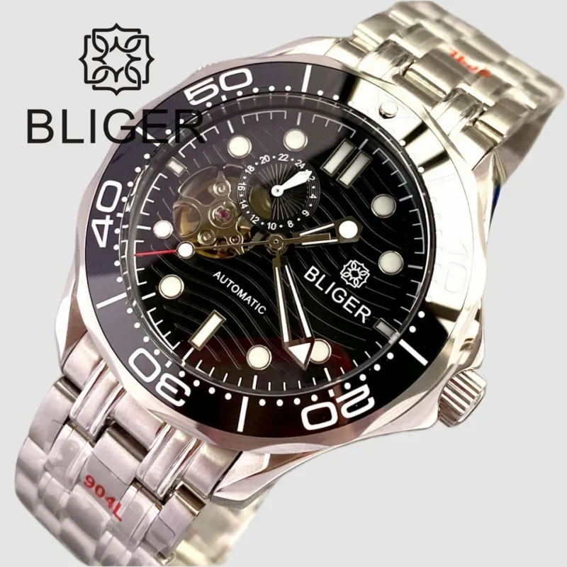 BLIGER 41MM NH39 24 Jewel Automatic Mechanical Man Watch Blue/Black Dial Green LuminousSapphire Glass Ceramic Bezel Screw