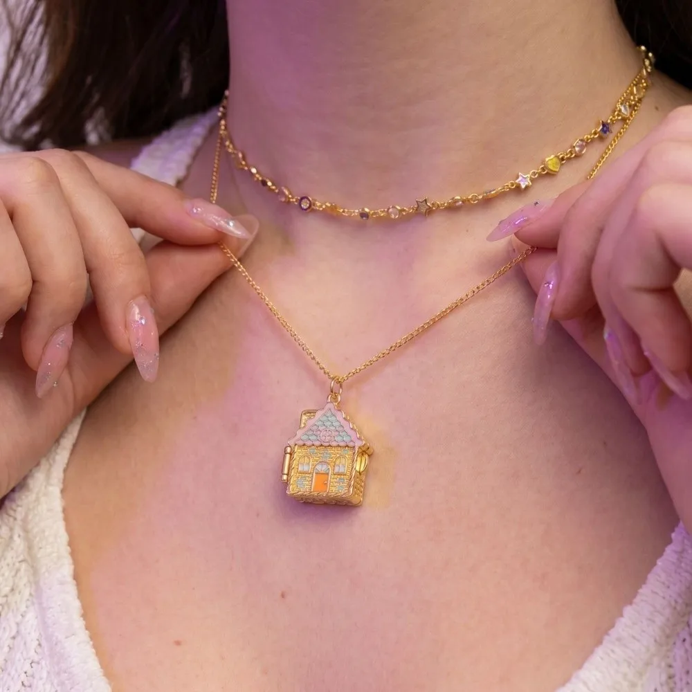 Colorful Gingerbread House Necklace Fairy Tale Enamel House Opening and Closing Box Necklace Jewelry Gift Open and Close Pendant view 3
