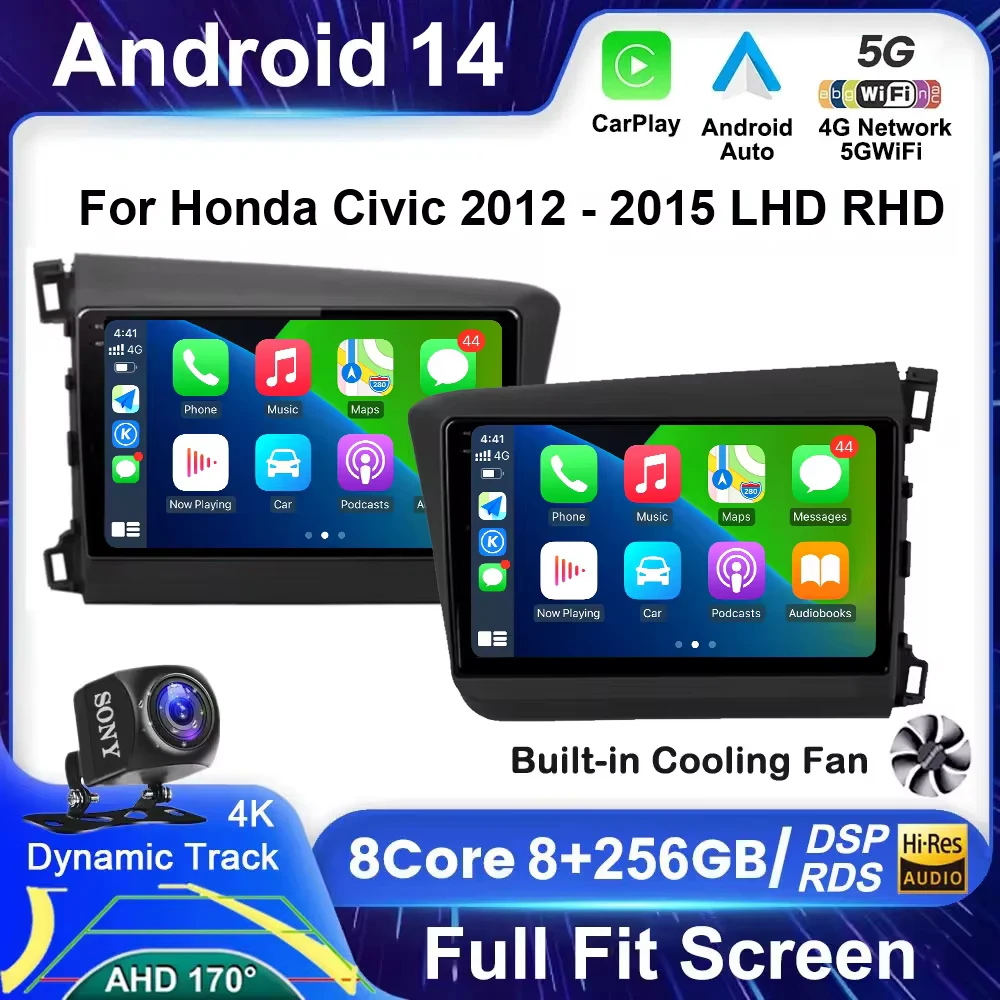 

Android 14 для Honda Civic 2012 2013 2014 2015 автомобильное радио, стерео, беспроводное Carplay, мультимедийный видеоплеер, навигация GPS Wifi IPS