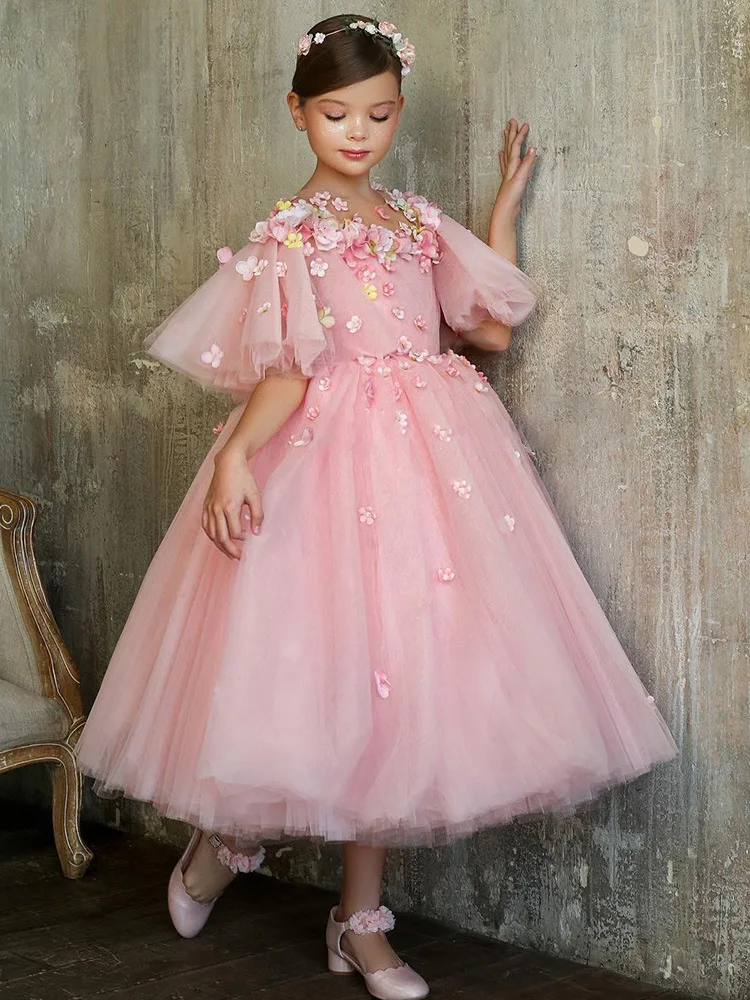 Vestido de casamento de luxo Fairy Flower Girl com arco de pérola, vestido infantil, vestidos de bebê, festa de aniversário, comunhão sagrada