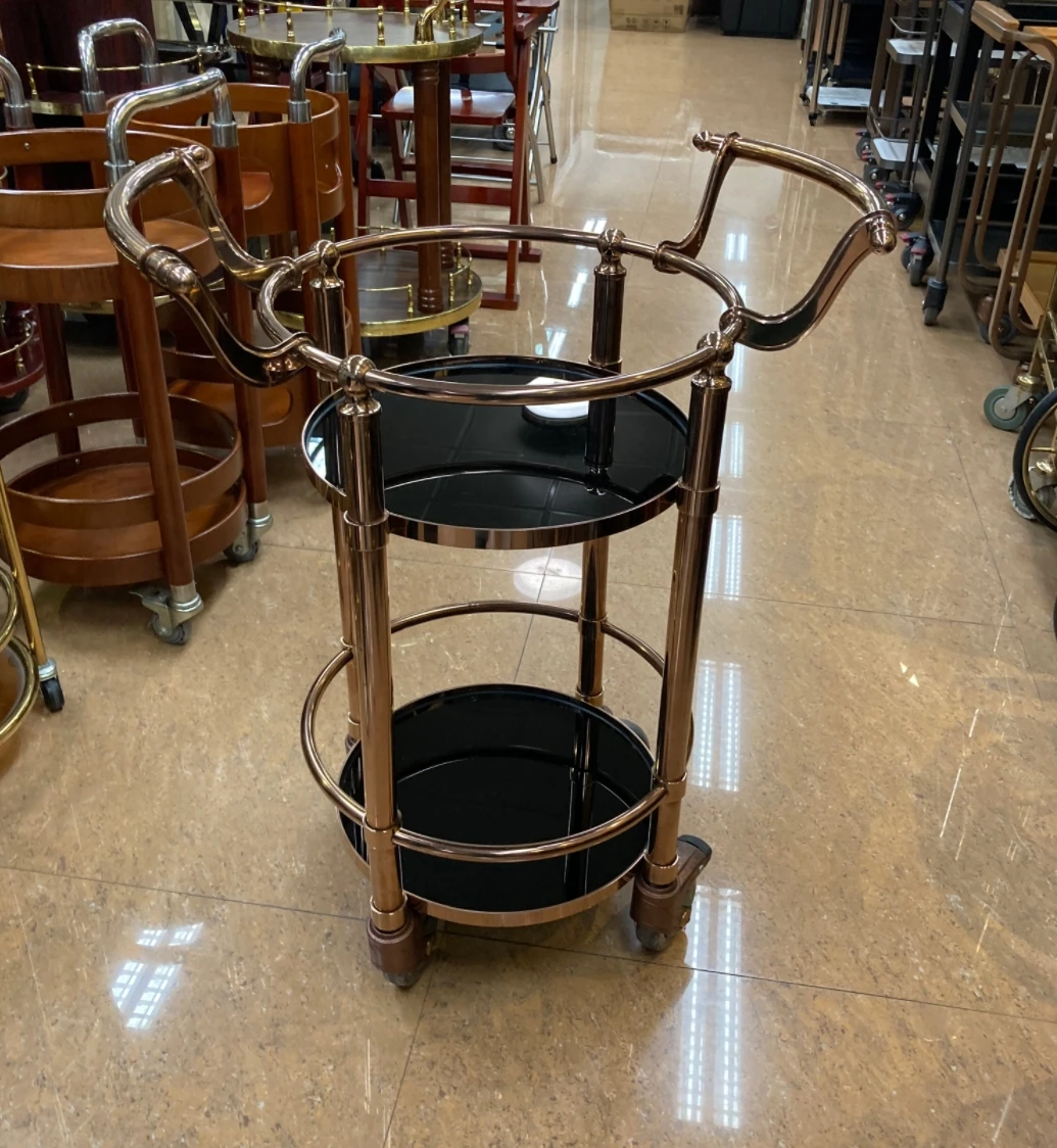 Stainless Steel Tempered Glass Modern 4-Wheel Round Drinks Trolley Cocktail & Minibar Cart For Hotel Restaurant Dining Use