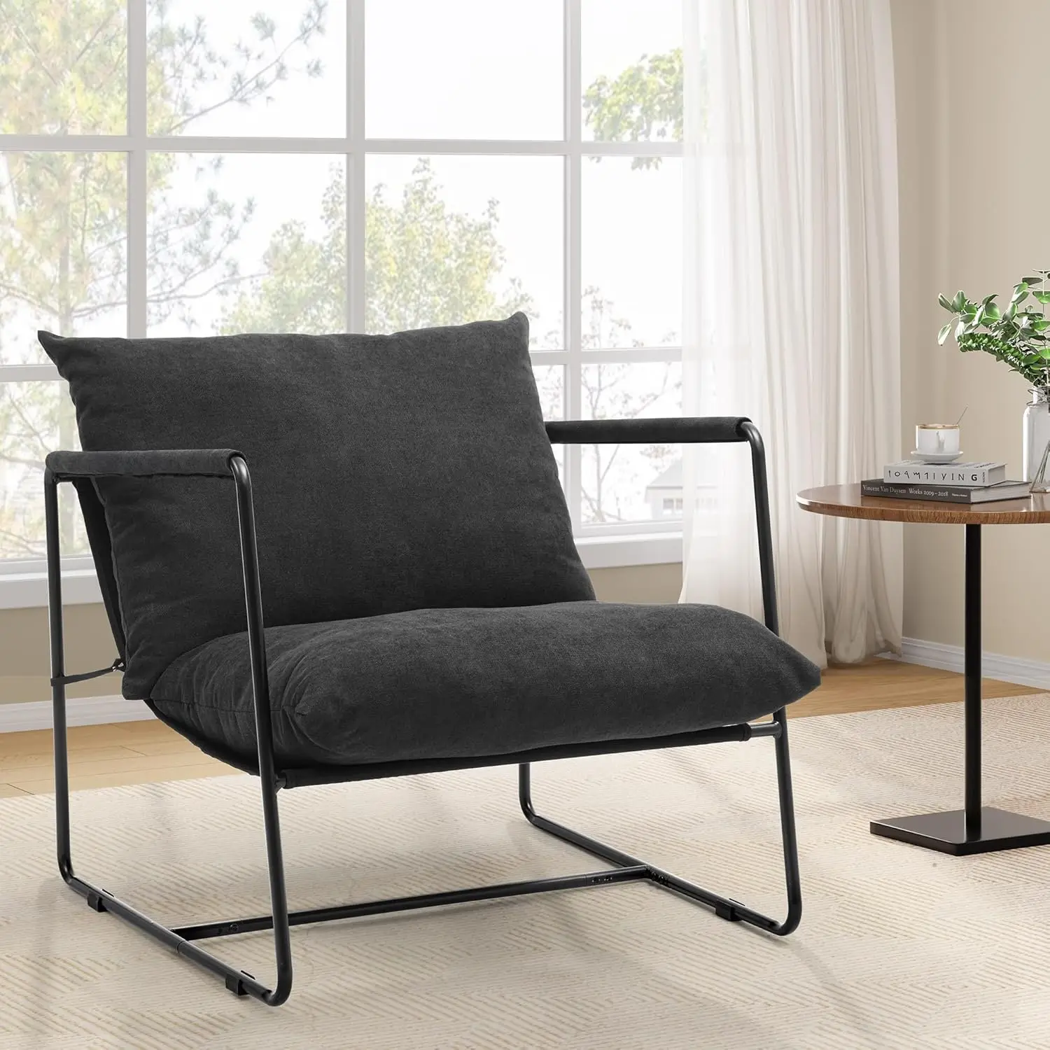 

Accent Linen Armchair: Lounge Chair Framed Sling Chair with Soft Cushion, Comfortable Minimalist Style Chair for Living Room