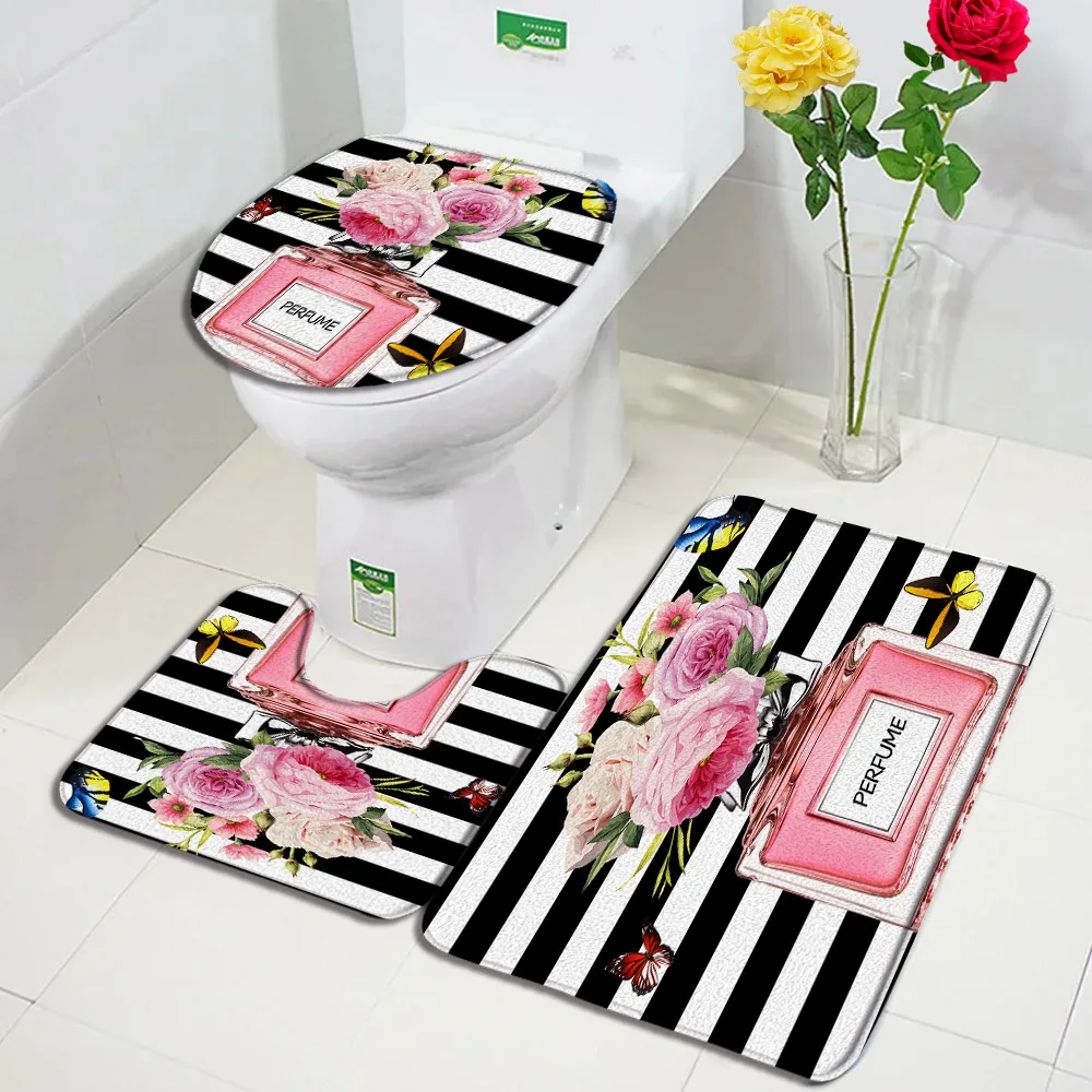 Fashion Perfume Bath Mats Sets Flowers Black And White Striped Door Rug Women Girls Home Bathroom Decor Flannel Toilet Cover Mat