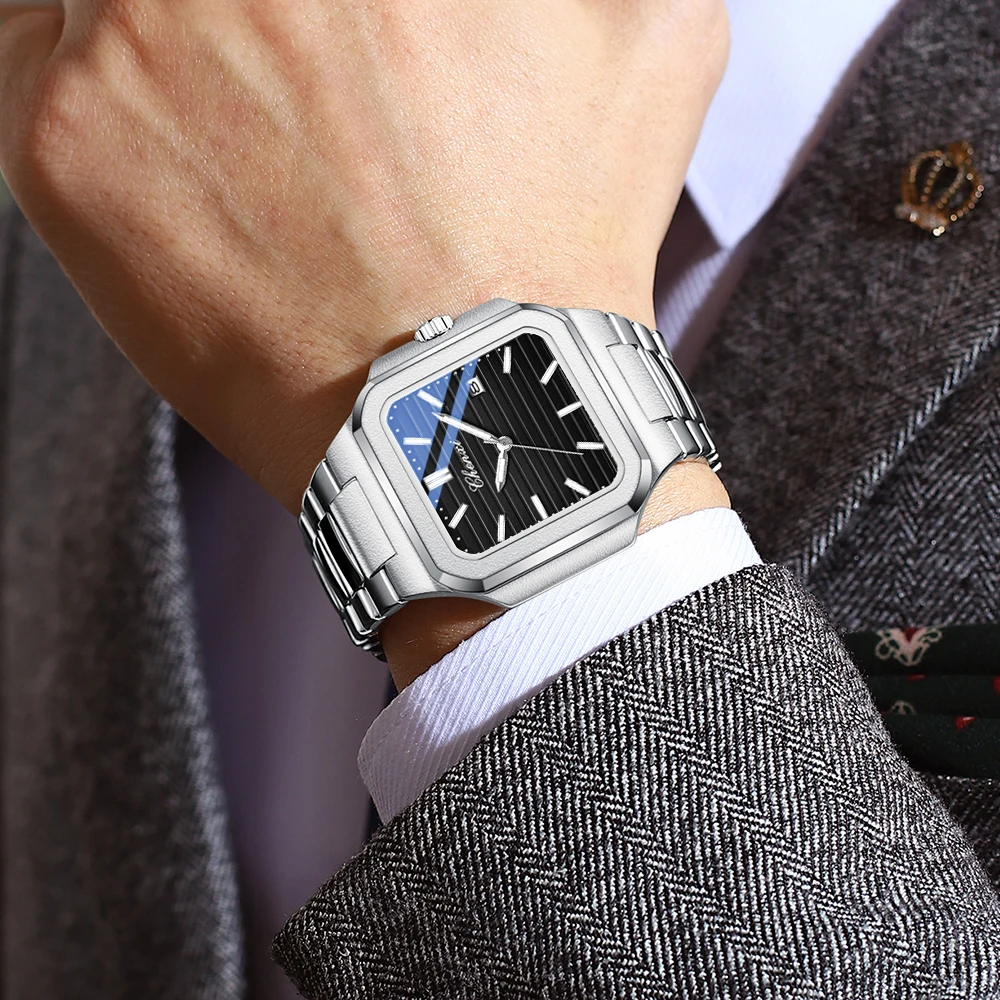 CHENXI Luxe Vierkant Quartz Man Horloge Heren Horloges Waterdicht Lichtgevende Datum Week Roestvrij Staal Herenhorloge Mannelijk