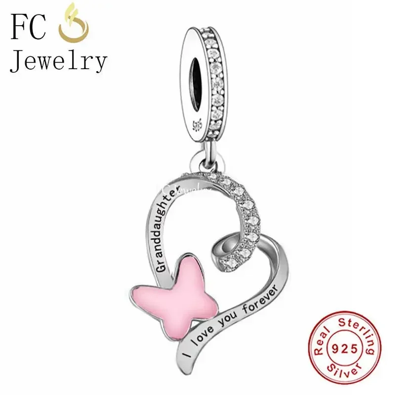 

Fit Original Pan Charms Bracelet 925 Silver Pink Butterfly Heart Granddaughter I Love You Forever Bead For Making Berloque