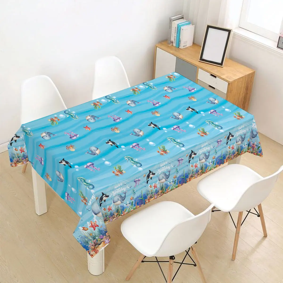 Blue Ocean Animal Birthday PE Tablecloth Under The Sea Theme Birthday Party Decorations Kids Adults Kitchen Dining Table Covers