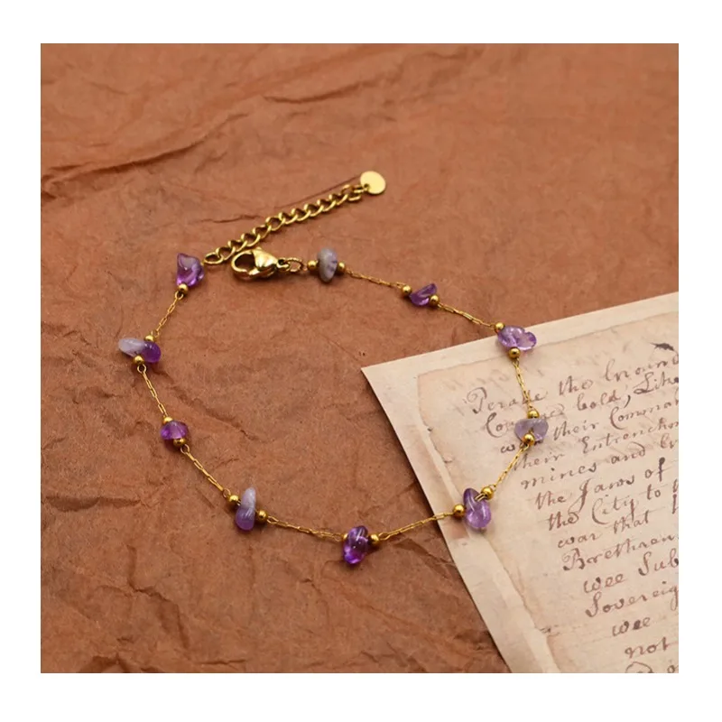 

Niche Personality Explosion Internet Celebrity Bracelet Stainless Steel Amethyst Gravel Handmade Bracelet Necklace Set Female