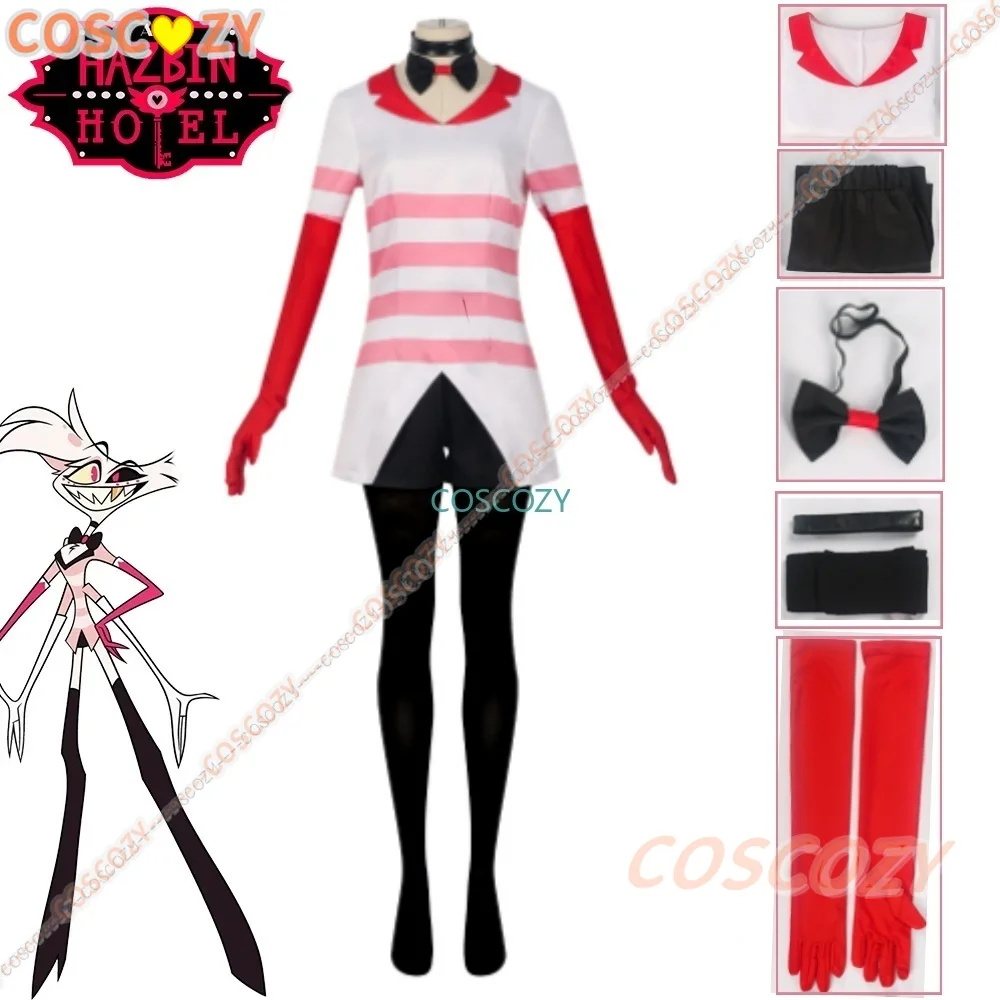 

New Anime Hazbin Cosplay Angel Cosplay Costume Plush dolls Women Dust Pink Suit Halloween Carnival Birthday Party Dress Gloves