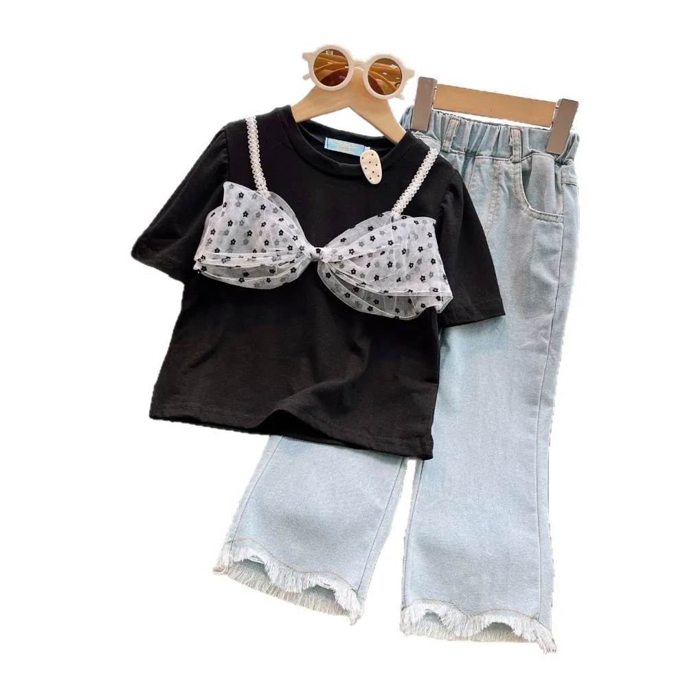 New Arrival Toddler Girl Spot Pattern Top & Bowknot Decor, Stylish Jean Trousers Casual Suit for  100-140cm
