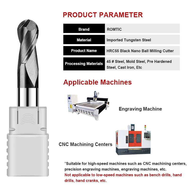 ROMTIC HRC55 2-Flute Milling Cutter Tungsten Steel Carbide End Mill CNC Mechanical Black Nano Coating Ball Endmills Tools