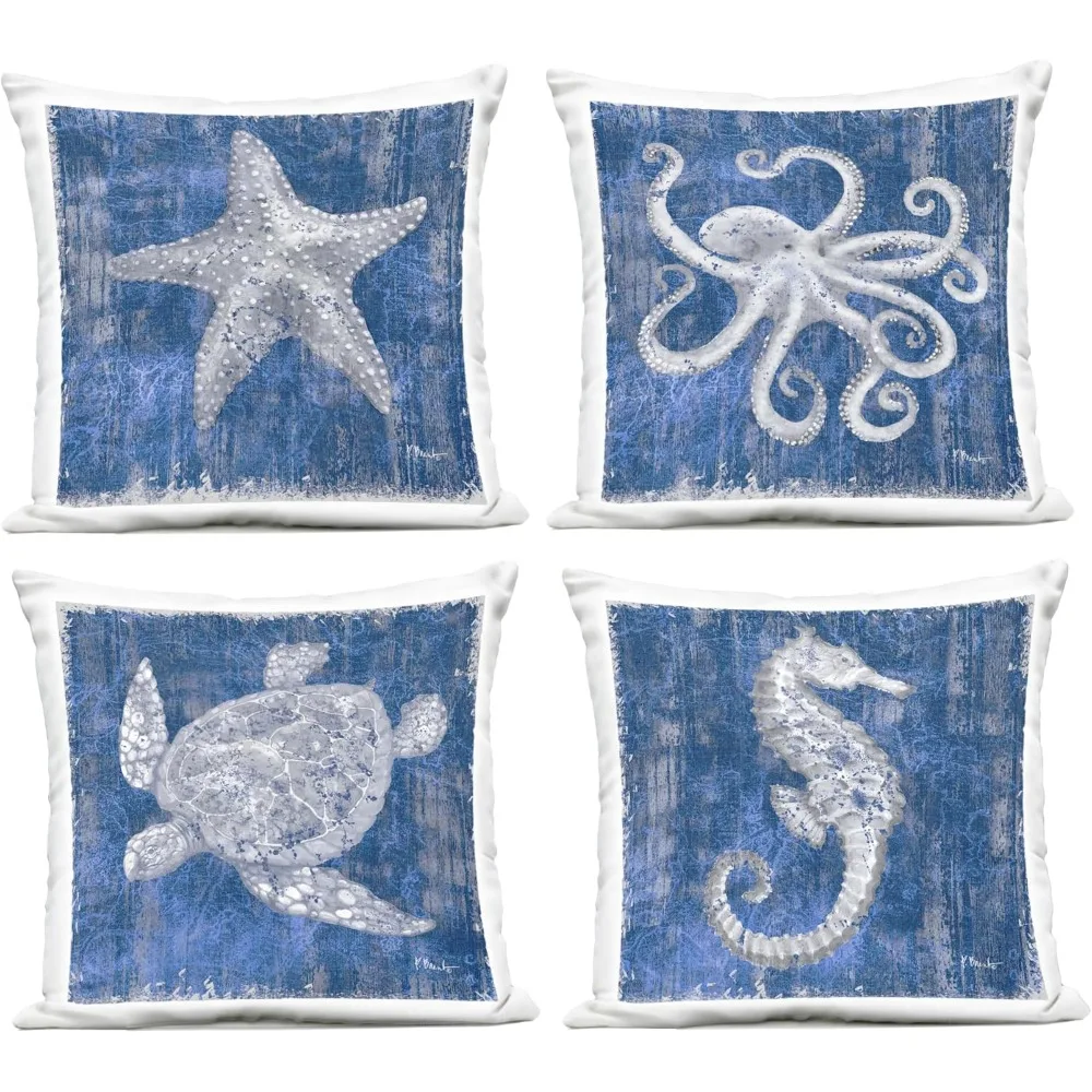 Sea Life on Abstract Blue Design by Paul Brent (Set of 4) Outdoor Printed Throw Pillow, 18 x 7 x 18, 4 Count