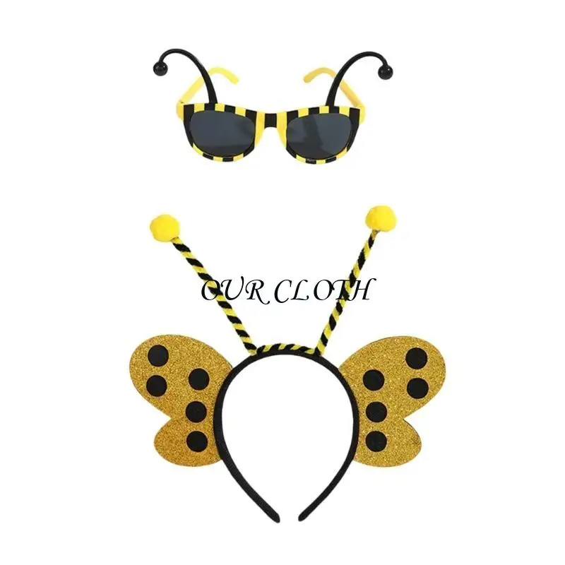 2Pieces Bumble Bees Costume for Kids Adult Angel Wand Antenna Sunglasses Bees Headband Halloween Party Cosplay Props Y1AC