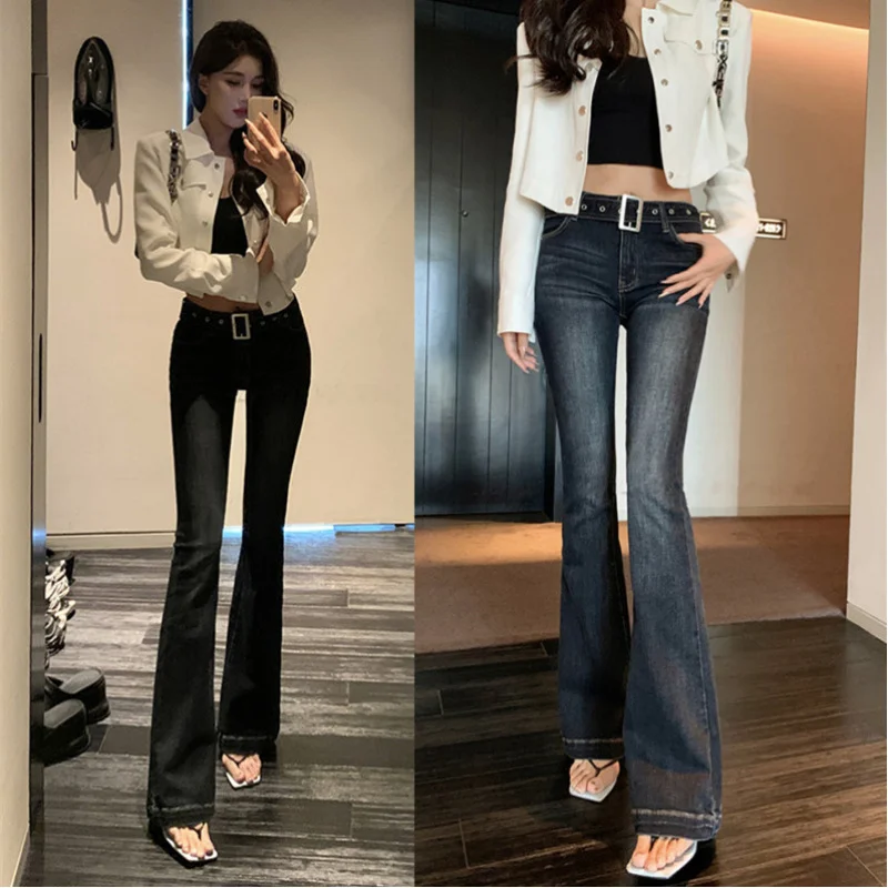 

American retro dark blue mid-waist flared jeans for women, Korean style fashion slim-fit straight elastic flared pants