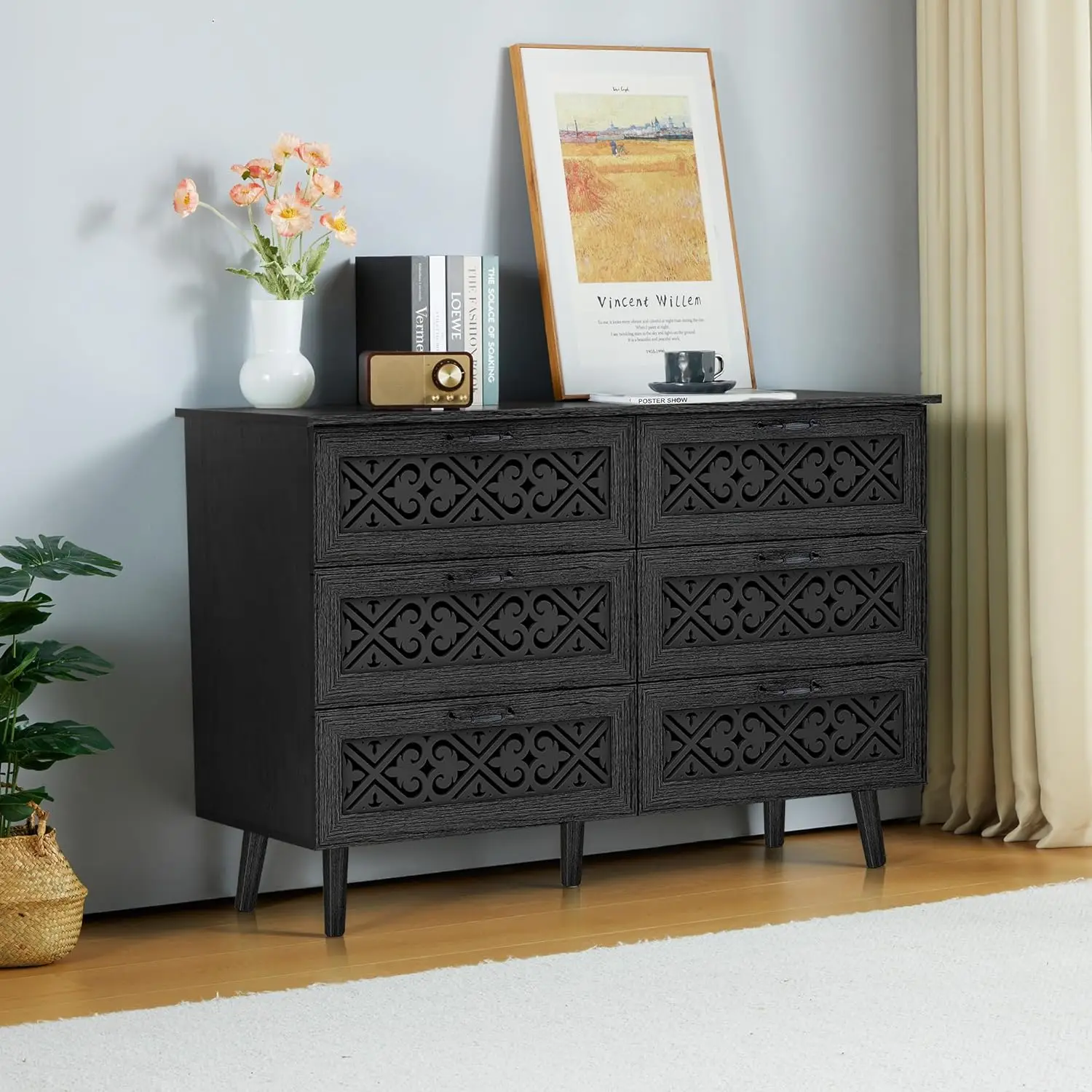 Drawer Dresser,Modern Farmhouse Dresser Chest with Wide Drawers and Metal Handles,Hollow Carved Design Storage Chest of Drawers