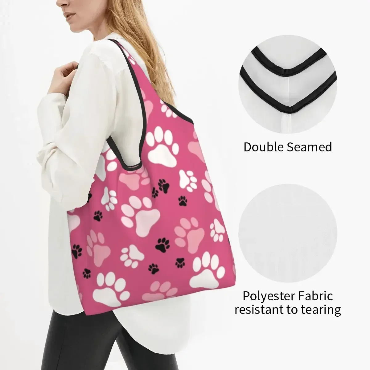 Fashion Paw Prints Pink Shopping Tote Bags Portable Colorful Floral Pretty Groceries Shopper Shoulder Bag