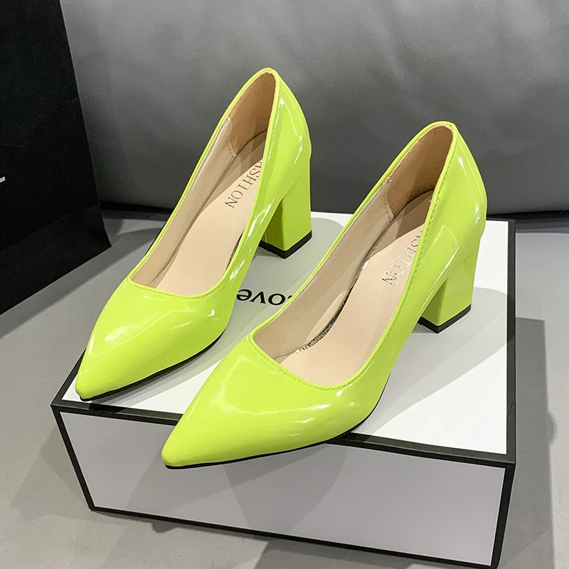 Women\'s High Heels Shoes Spring Summer Candy Colors Pu Leather Chunky Heel Female Pumps Pointed Toe Party Dress High Heels 2022