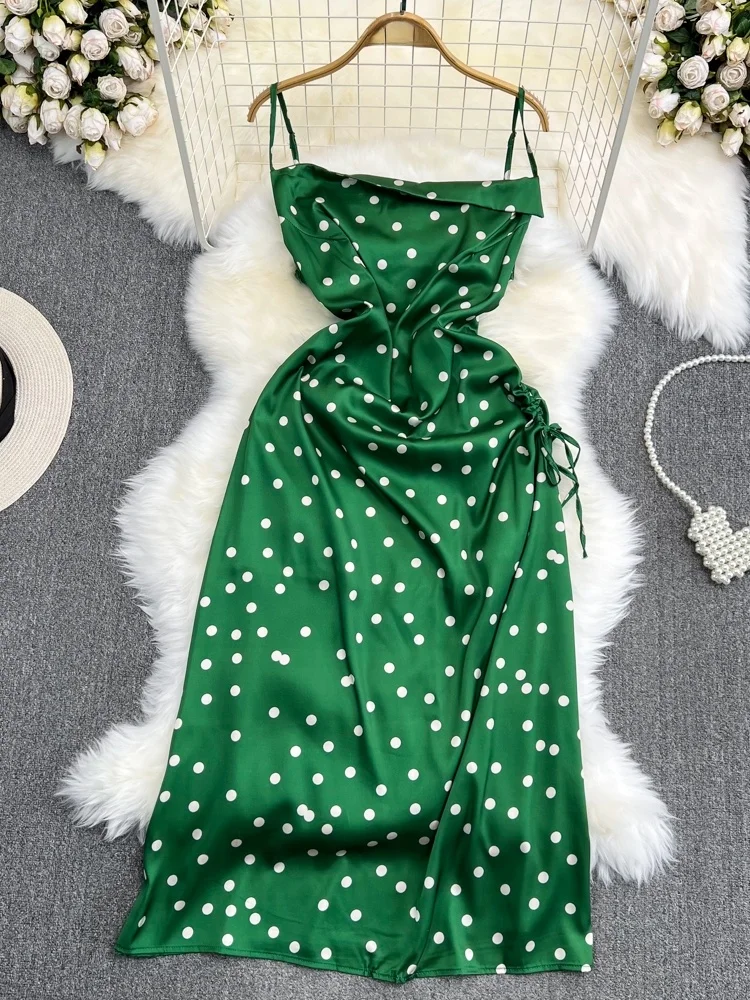 

Элегантное пляжное платье миди с принтом в горошек, с завышенной талией, А-силуэта, без рукавов, на одно плечо, летнее модное женское платье