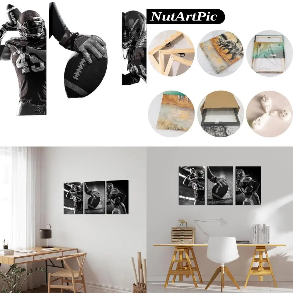 

Tri-panel Black & White American Football Canvas Art for Bedroom or Man Cave, 24x16 inches