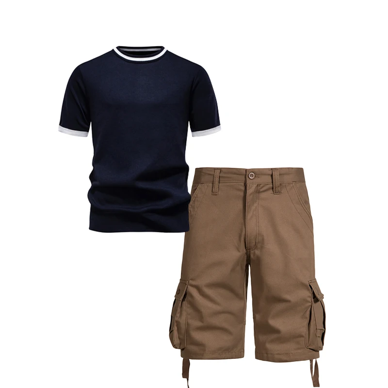 

Mens Sets Summer Knit T-Shirt and Casual Cotton Shorts Set Men Cool Breathable Clothing Sets Base Shirt and Shorts