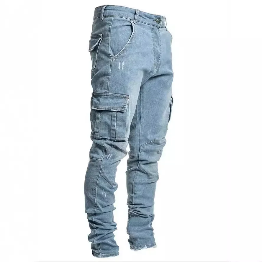 Men's Elastic Jeans Hip Hop Street  Denim Cargo Pants Wash Solid Color Multi Pockets Casual Mid Waist Daily High Quality Jeans