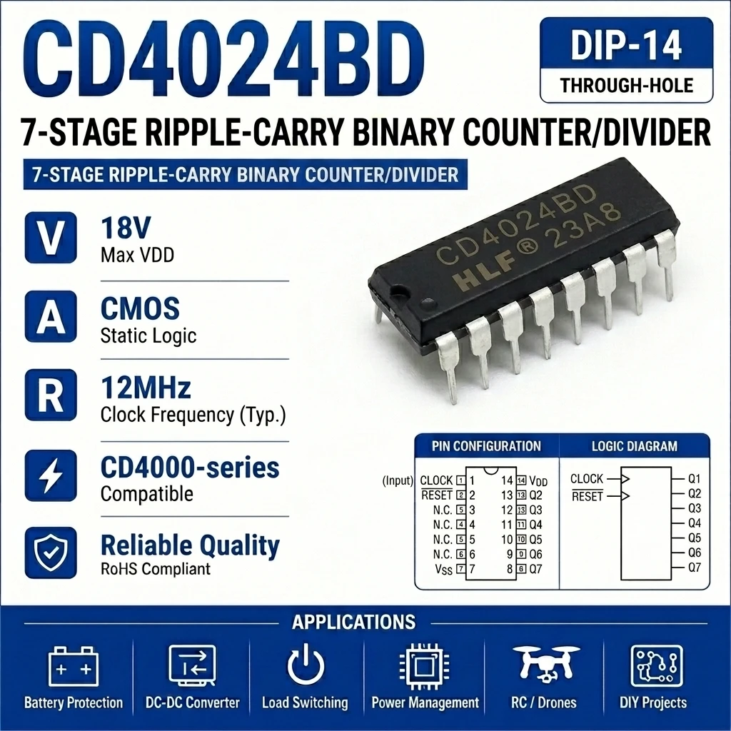 (10 pcs) CD4024BE DIP-14 CD4024 7-Stage Binary Ripple Counter 3V-18V