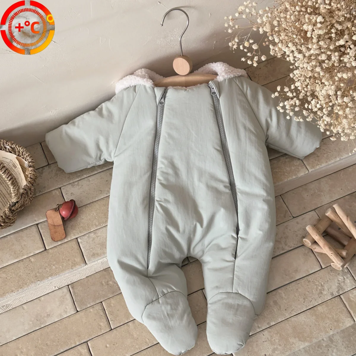 0-18M Newborn Baby Clothes Solid Color Thick Cotton Romper Double Zipper Hooded Footed Jumpsuit Fleece Lined  Infant Warm Outfit
