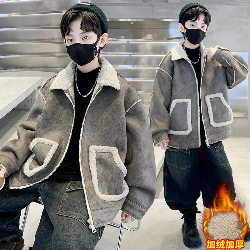 

Children's Cotton Coat Winter Teenage Girls Fur Lining Parka & Coats Thicken Warm Suede Turn Down Collar Kids Windbreaker TR392