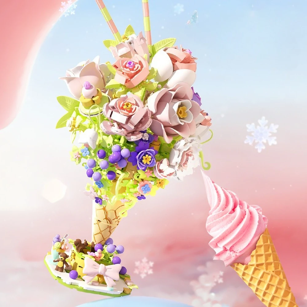 

MOC Everlasting Rose Bouquet Ice Cream Cone Building Blocks Set Flower Snow Cake Ornament Idea Toy Children Valentine's Day Gift