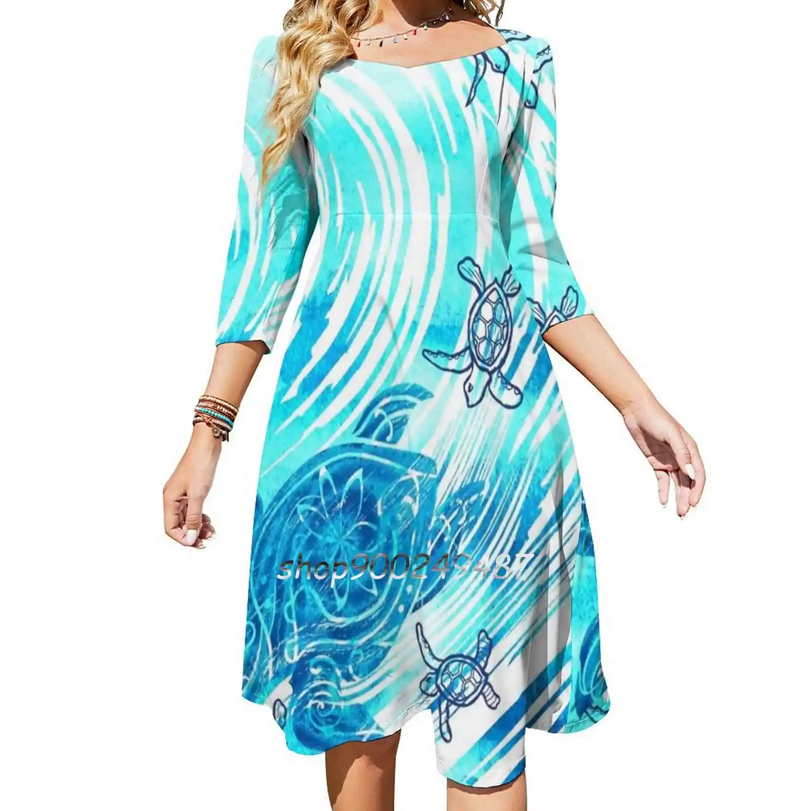 Vintage Hawaiian-Polynesian Watercolor Ohana Honu Long Sleeve Sexy Dresses For Women 2022 Ladies Vintage Elegant Party Dress