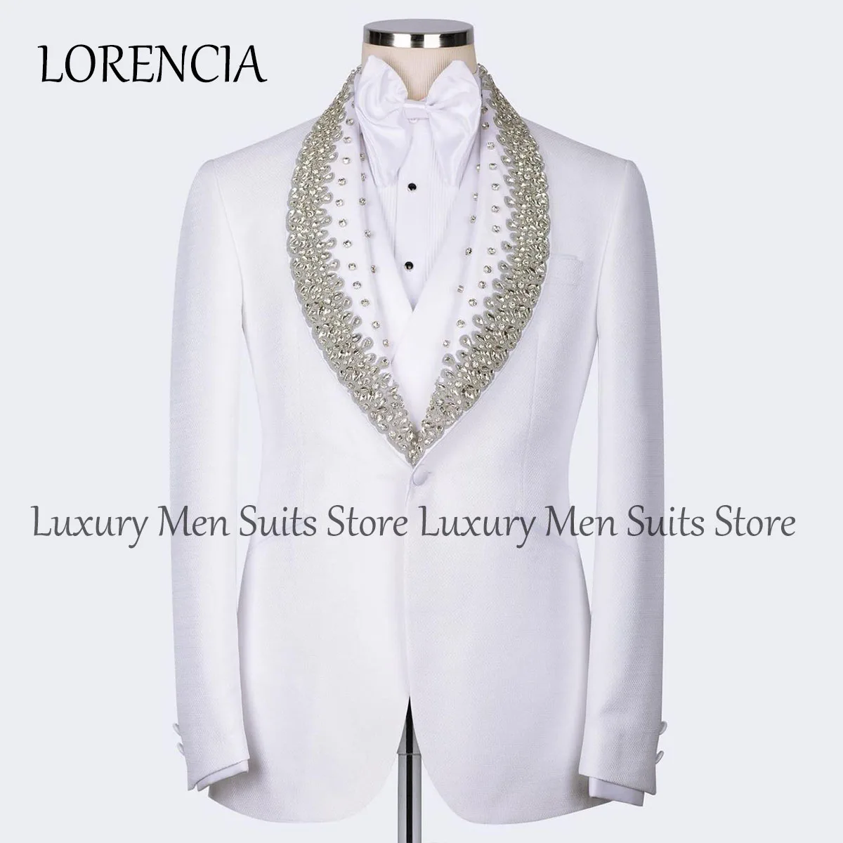 

Luxury Formal Crystal Men Suits For Wedding Shawl Lapel Groom Tuxedos 2 Pieces Sets Party Male Prom Blazers Terno Masculino