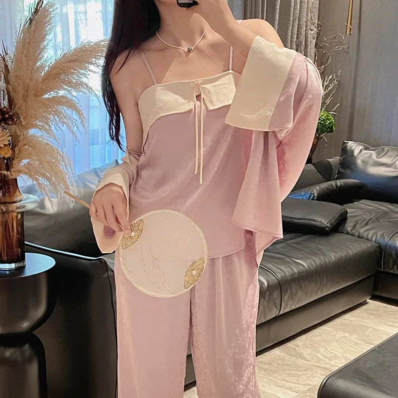 

Chinese Style Ice Silk Sleepwear Three Piece Set Spring Jacquard Sexy Suspender Sleepwear for Women's Home Wear