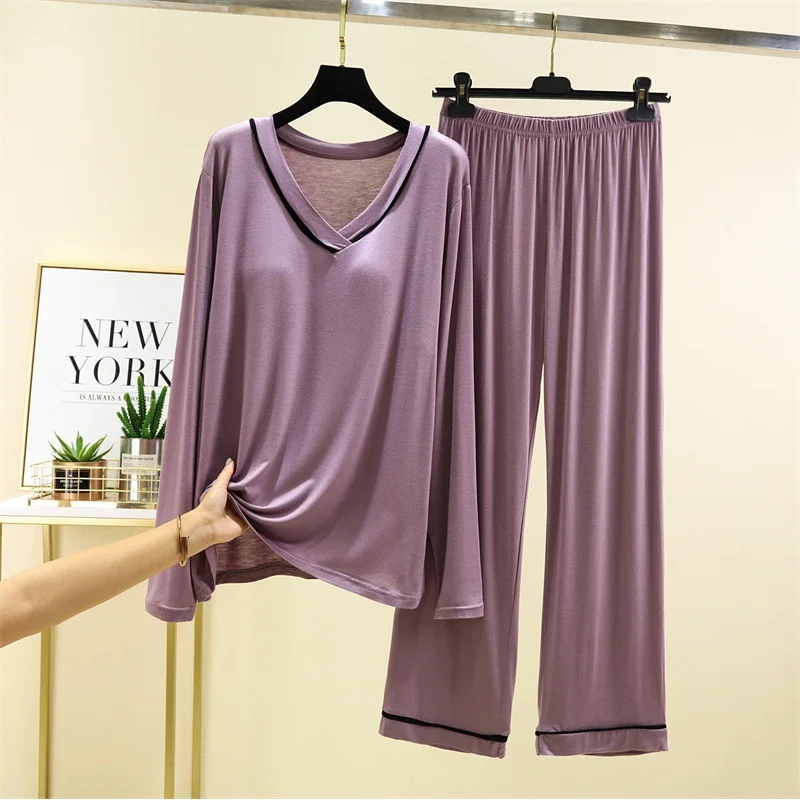 Pijamas de Modal para mujer, ropa de dormir de manga larga, traje de dos piezas, conjuntos de pantalones superiores de color sólido, ropa de